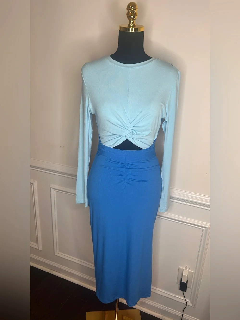 Light Blue Twist Front Long Sleeve Top with Royal Blue Midi Skirt